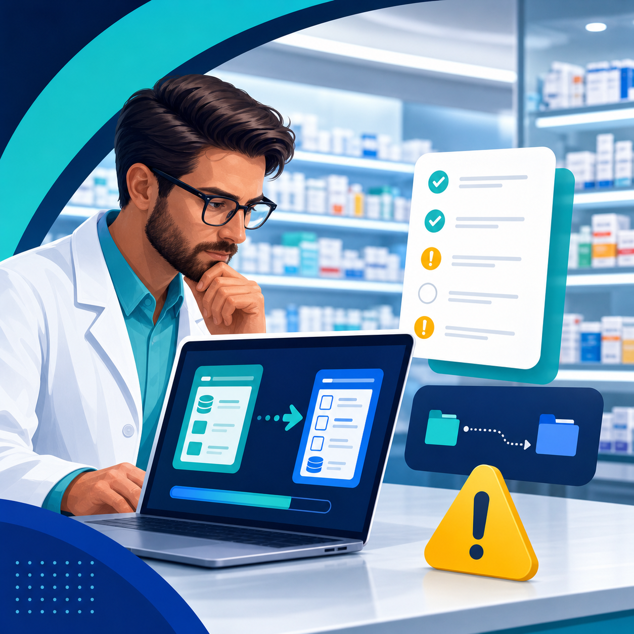 Farmacêutico avaliando troca de sistema para drogaria